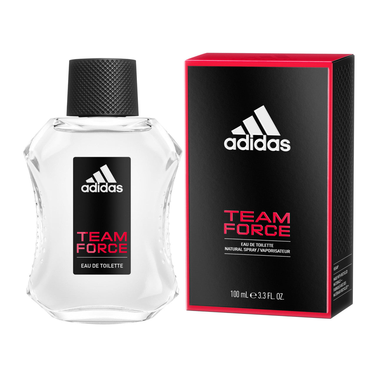 The Adidas Team Force 3.3 Eau de Toilette Spray for Men features a clear bottle with a sleek black cap and bold red text, complemented by a matching box displaying the iconic Adidas logo.