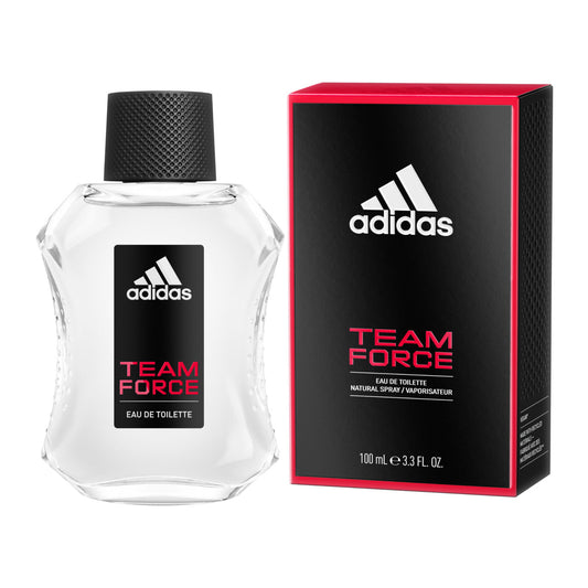 The Adidas Team Force 3.3 Eau de Toilette Spray for Men features a clear bottle with a sleek black cap and bold red text, complemented by a matching box displaying the iconic Adidas logo.